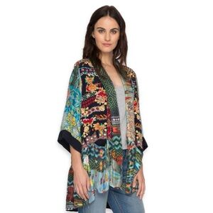 Johnny Was Silk Boho Patchwork Kimono Cardigan Duster Multicolor Floral Koben